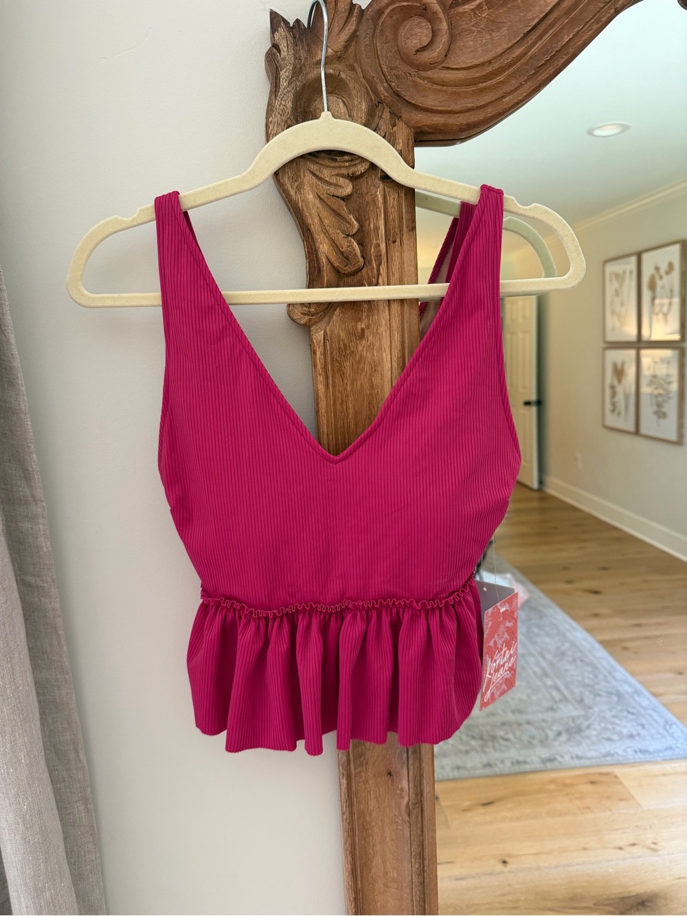 Kortni Jeane Ribbed V-Neck Peplum Swim Crop Top - Magenta